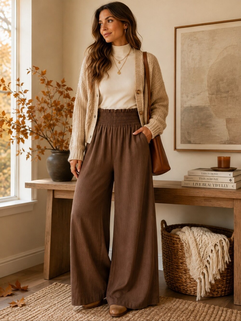 Michelle Mae Cocoa Smocked Wide Leg Palazzo Pants Medium NWOT - Picture 3 of 9